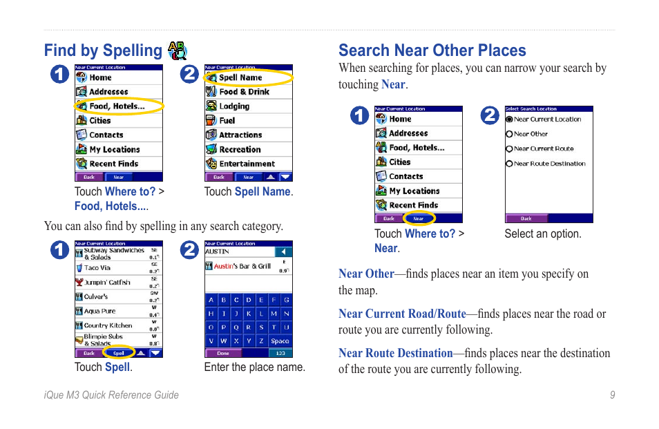 Find by spelling, Search near other places, Find by spelling search near other places | 2search near other places | Garmin iQue M3 User Manual | Page 9 / 20