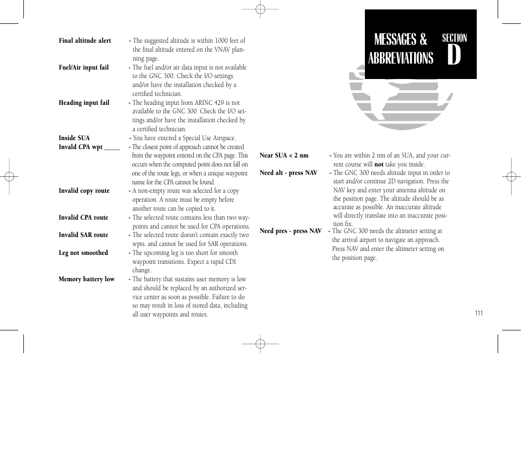 Messages & abbreviations, Getting started | Garmin GNC 300 User Manual | Page 121 / 142