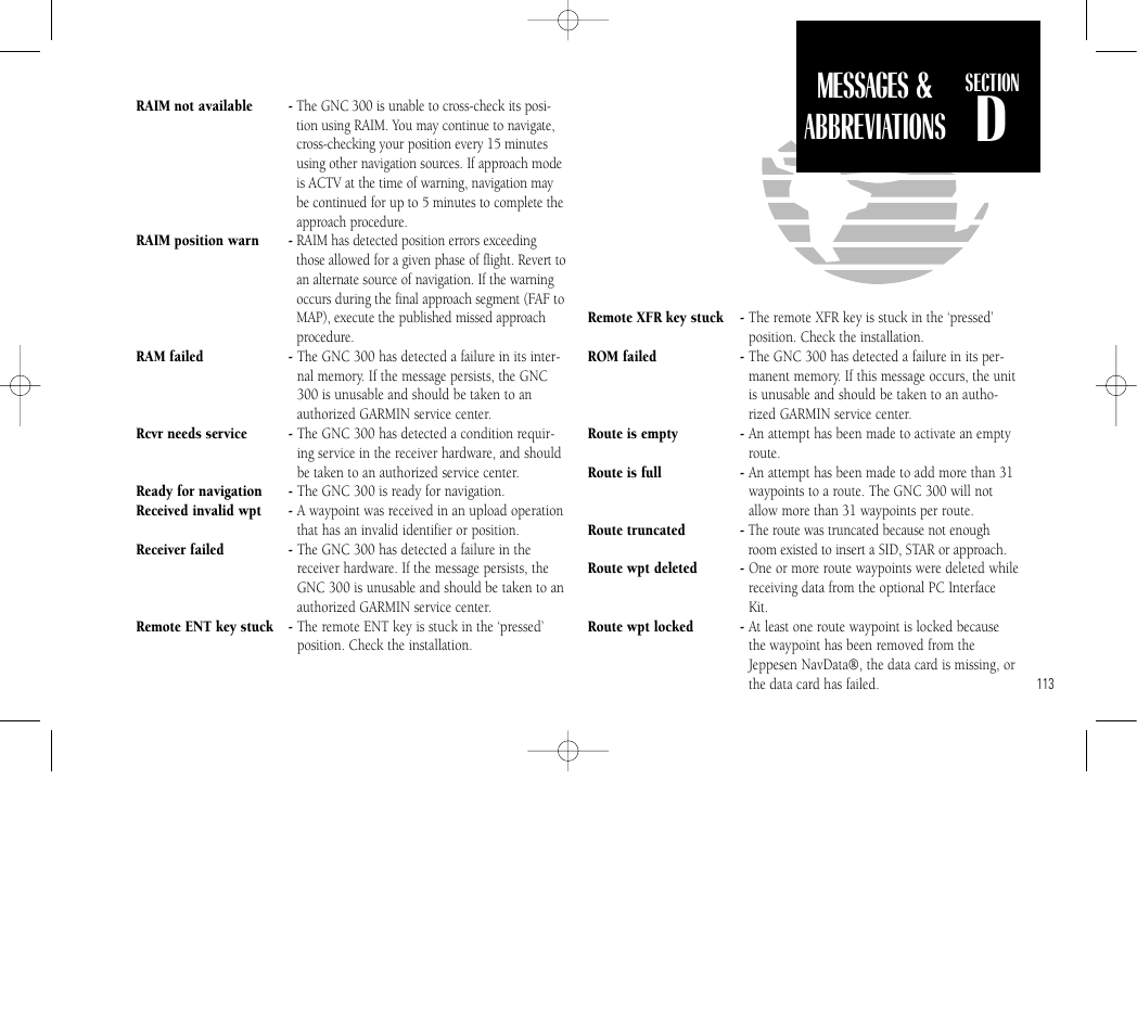 Messages & abbreviations, Getting started | Garmin GNC 300 User Manual | Page 123 / 142