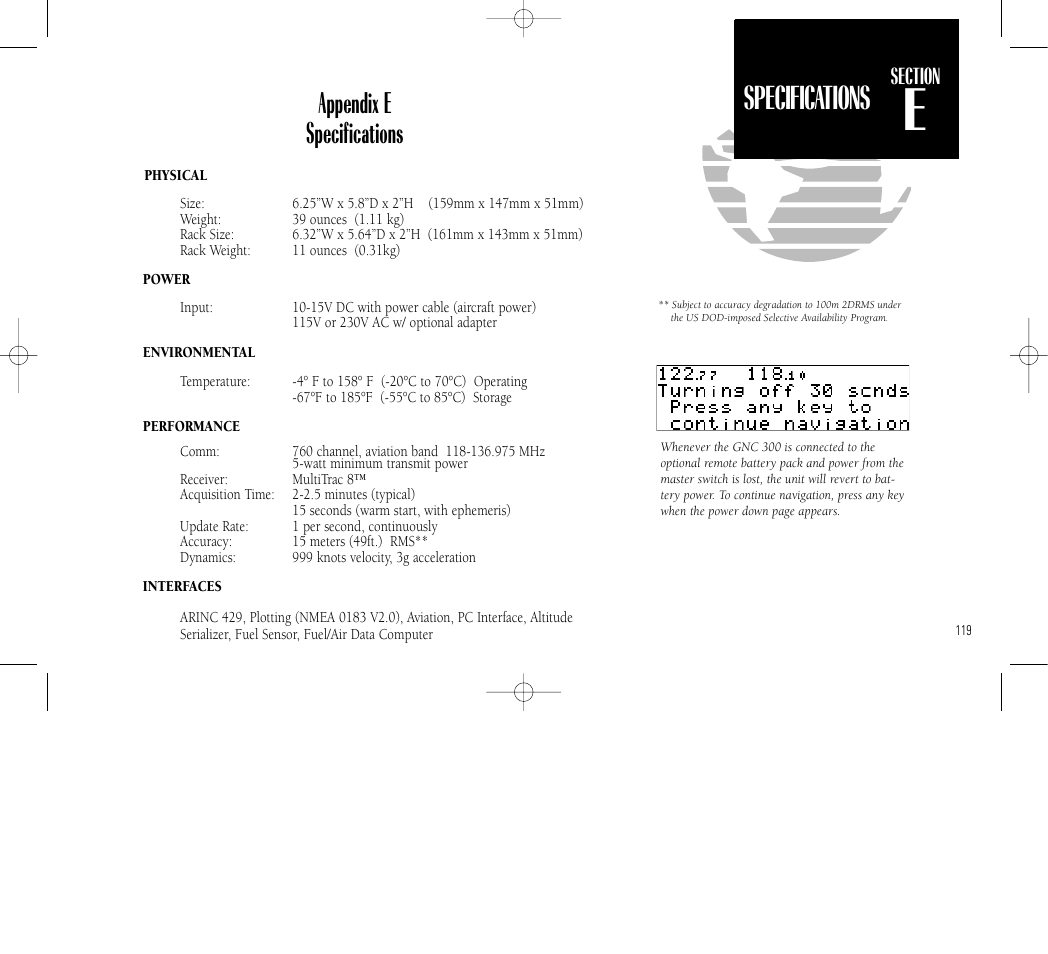Specifications, Appendix e, Appendix e specifications | Garmin GNC 300 User Manual | Page 129 / 142
