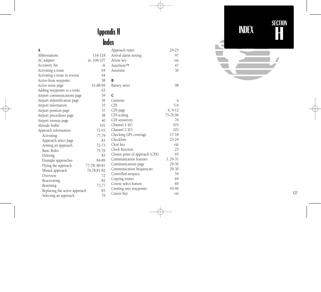 Appendix g, Appendix h index, Navigation page | Index | Garmin GNC 300 User Manual | Page 137 / 142