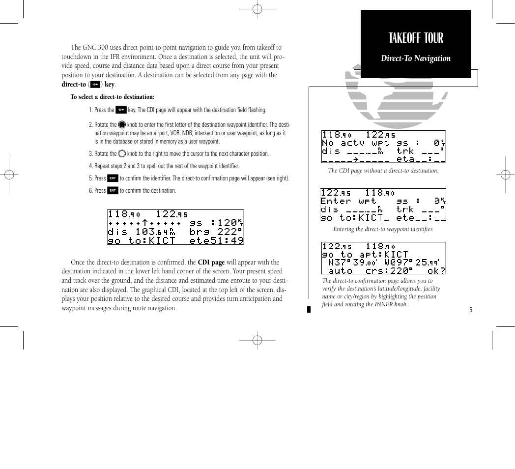 Takeoff tour, Direct-to navigation | Garmin GNC 300 User Manual | Page 15 / 142