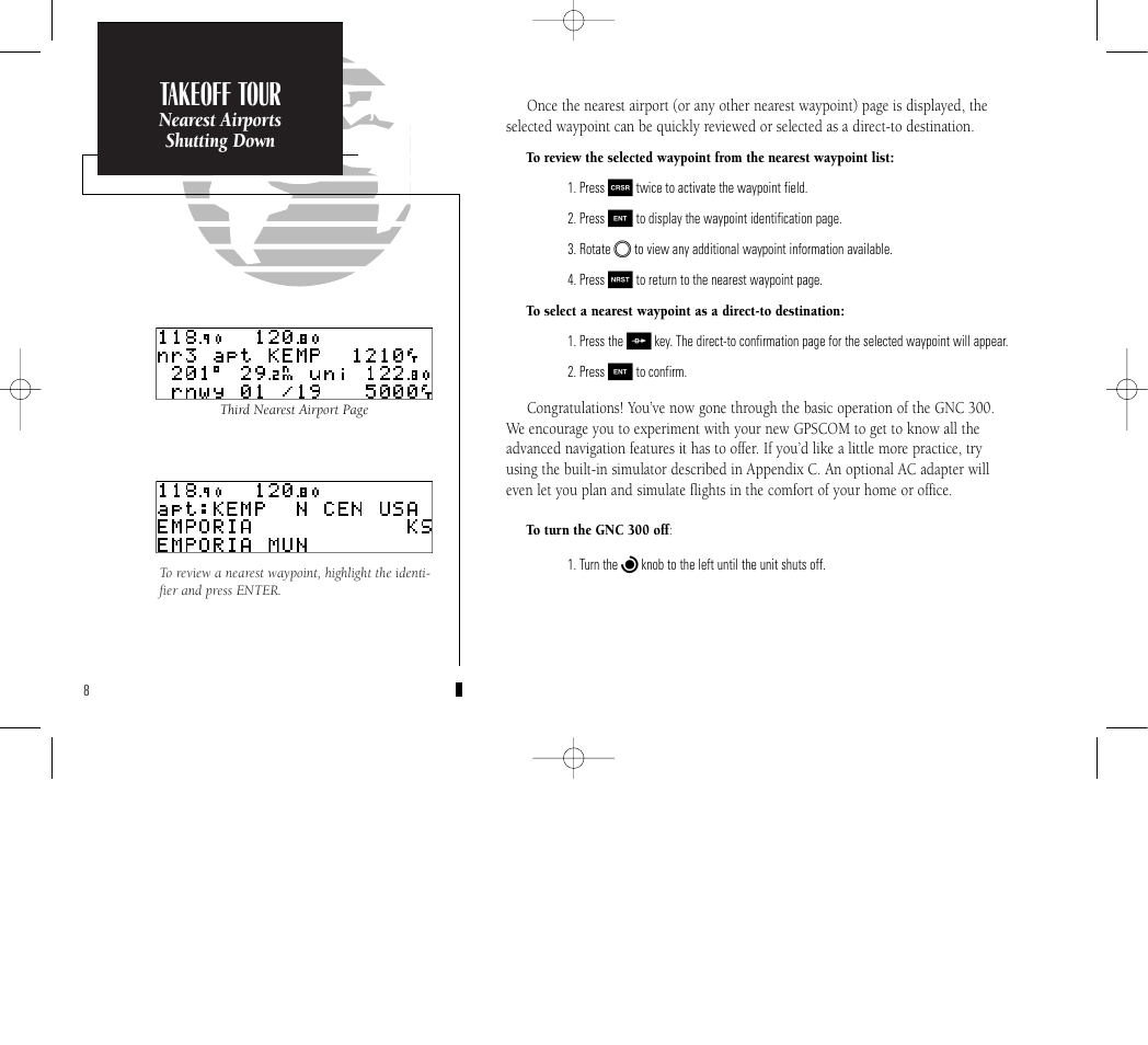 Reference, Takeoff tour | Garmin GNC 300 User Manual | Page 18 / 142