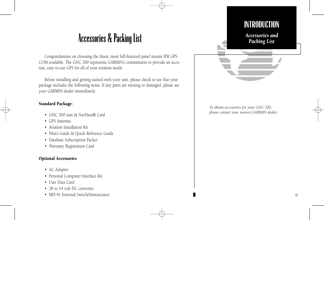 Accessories & packing list, Introduction | Garmin GNC 300 User Manual | Page 5 / 142