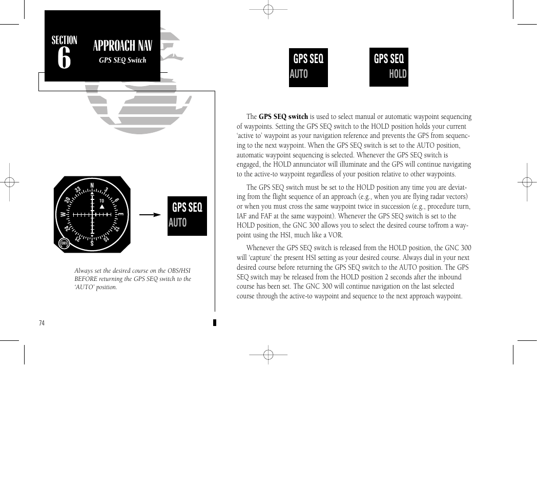 Approach navi- gation, Approach nav, Gps seq | Auto actv, Auto hold | Garmin GNC 300 User Manual | Page 84 / 142