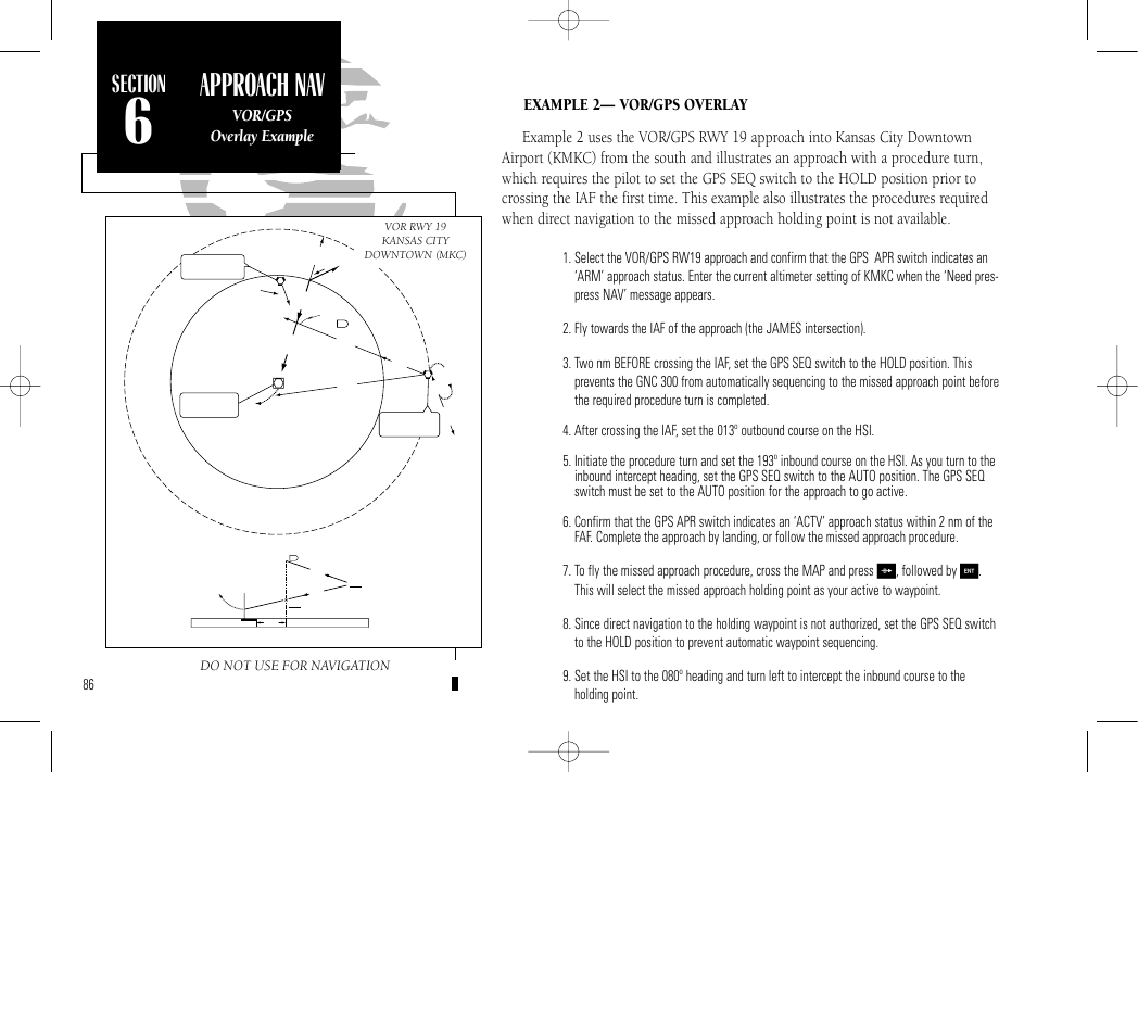 Approach navi- gation, Approach nav, Vor/dme arc | Vor/gps overlay example, Do not use for navigation | Garmin GNC 300 User Manual | Page 96 / 142