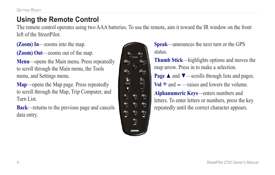 Using the remote control | Garmin StreetPilot 2720 User Manual | Page 10 / 52