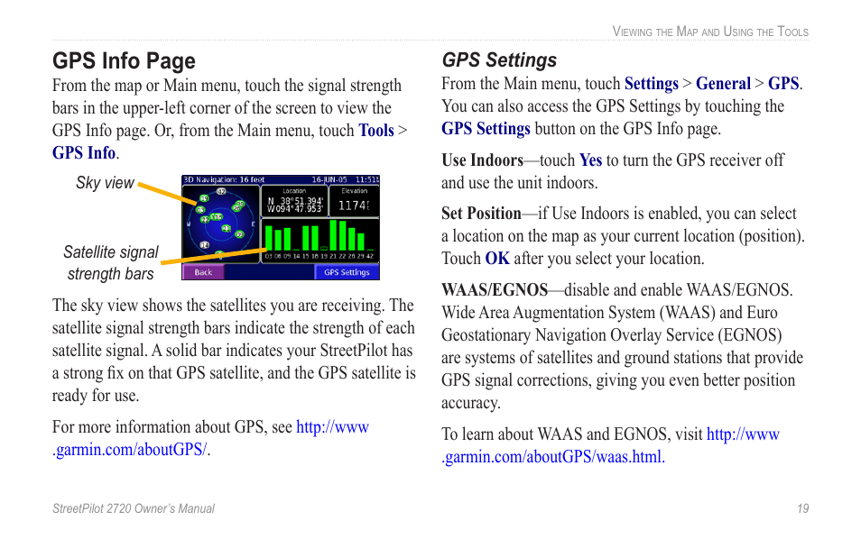 F the gps to use indoors, Gps info page | Garmin StreetPilot 2720 User Manual | Page 25 / 52