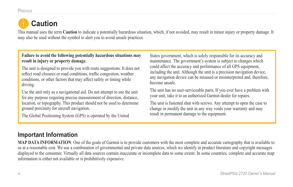 Caution, Important information | Garmin StreetPilot 2720 User Manual | Page 6 / 52