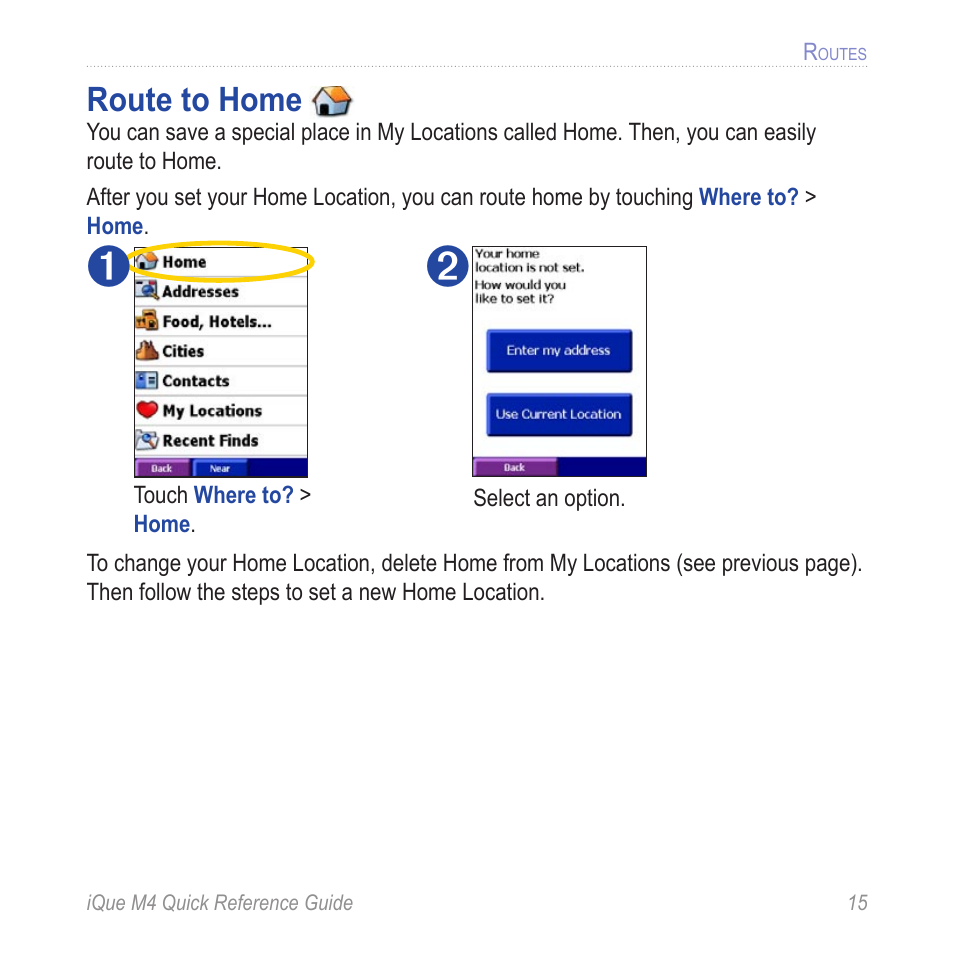 Routes, Route to home | Garmin iQue M4 User Manual | Page 15 / 36