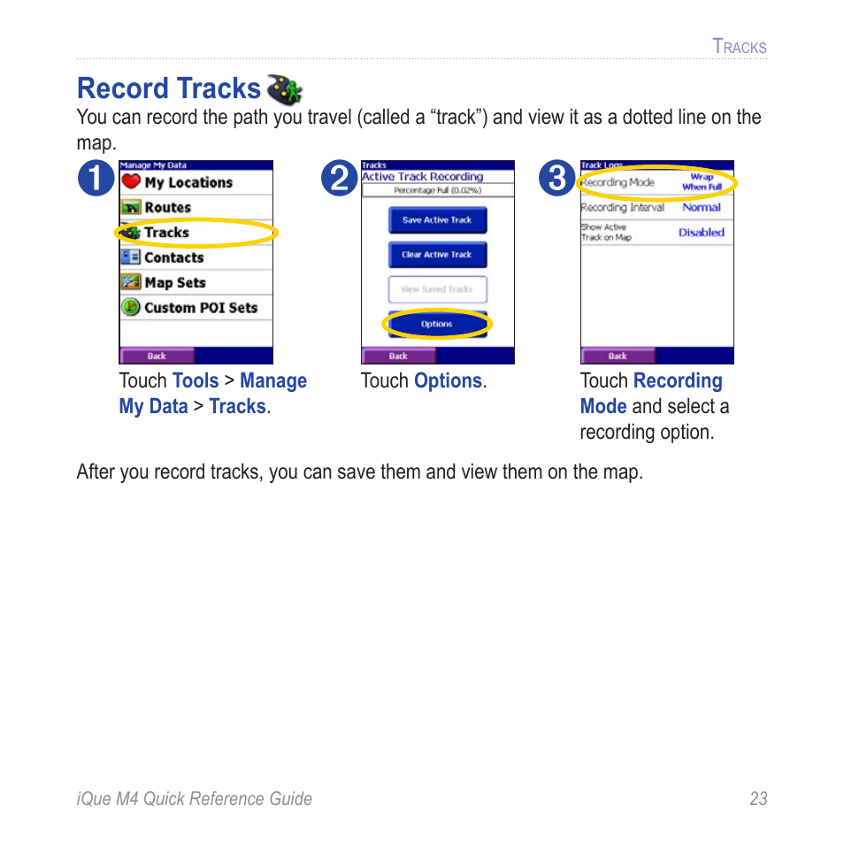 Tracks, Record tracks | Garmin iQue M4 User Manual | Page 23 / 36