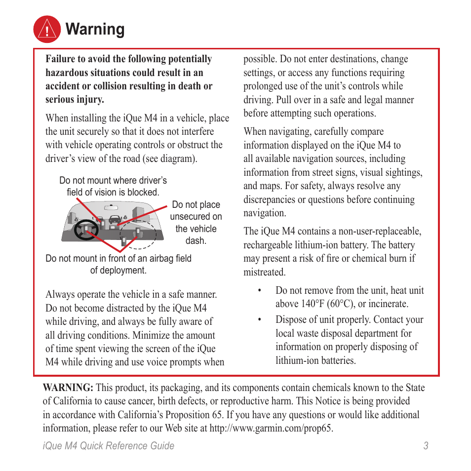 Warning | Garmin iQue M4 User Manual | Page 3 / 36