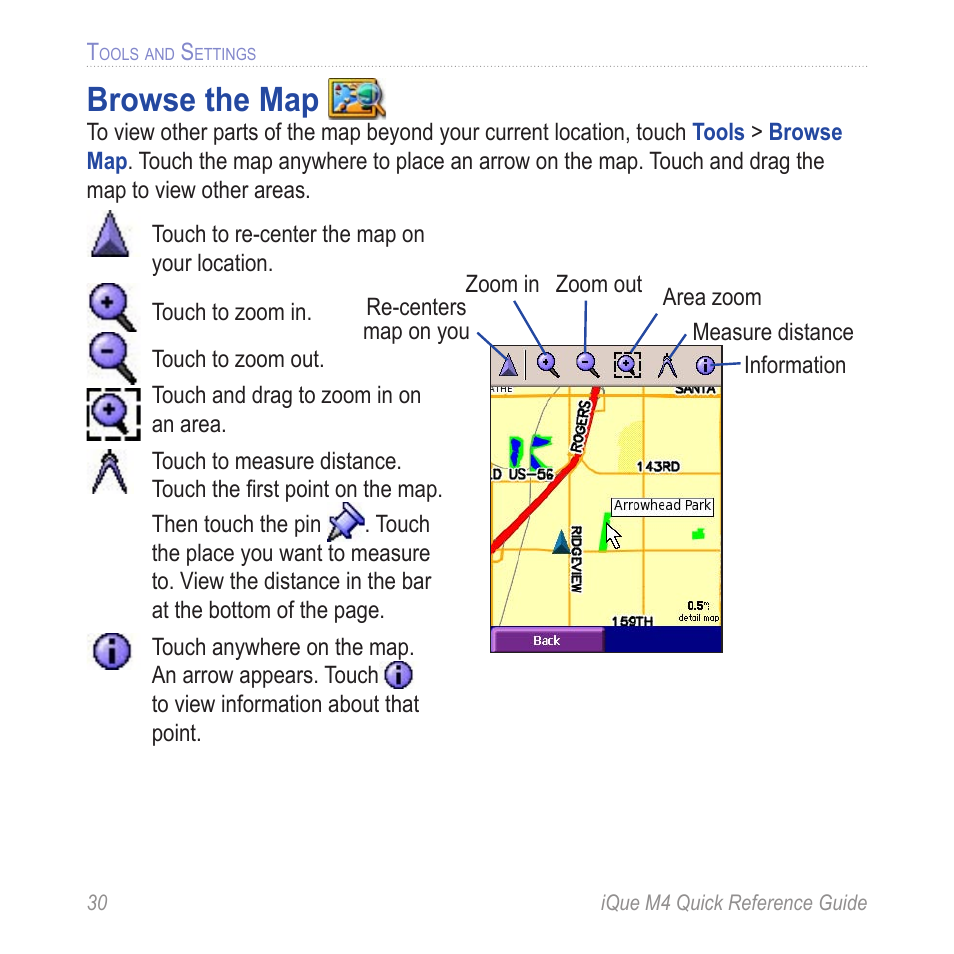 Tools and settings, Browse the map | Garmin iQue M4 User Manual | Page 30 / 36