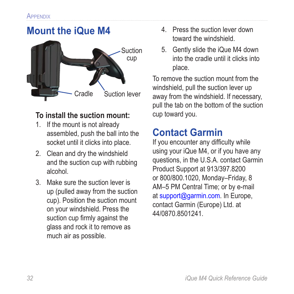 Appendix, Mount the ique m4, Contact garmin | Garmin iQue M4 User Manual | Page 32 / 36