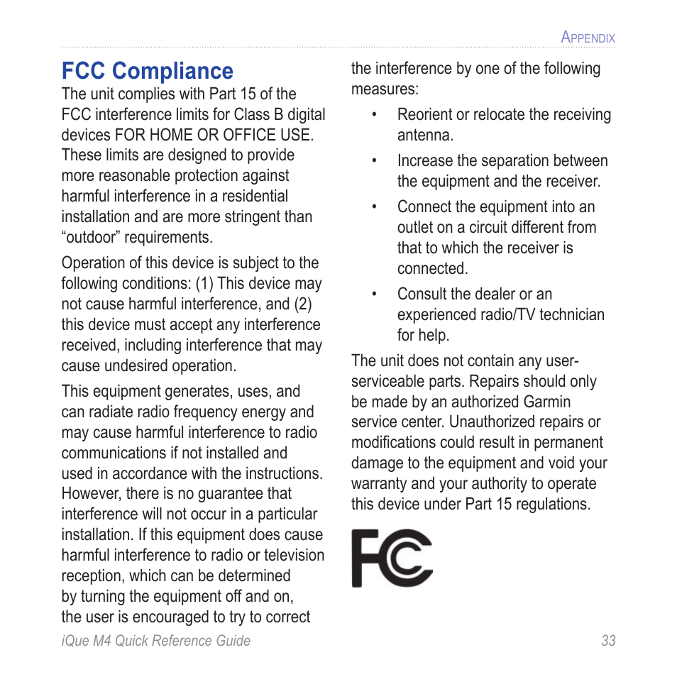 Fcc compliance | Garmin iQue M4 User Manual | Page 33 / 36