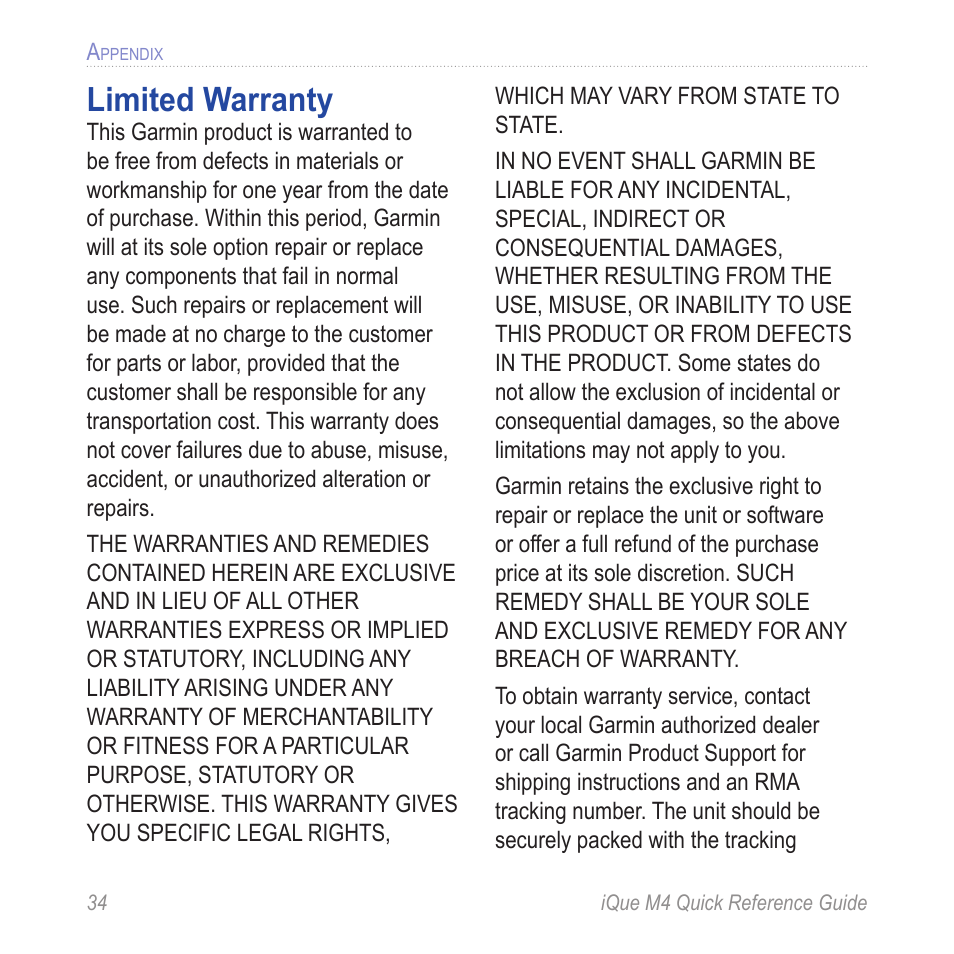 Limited warranty | Garmin iQue M4 User Manual | Page 34 / 36