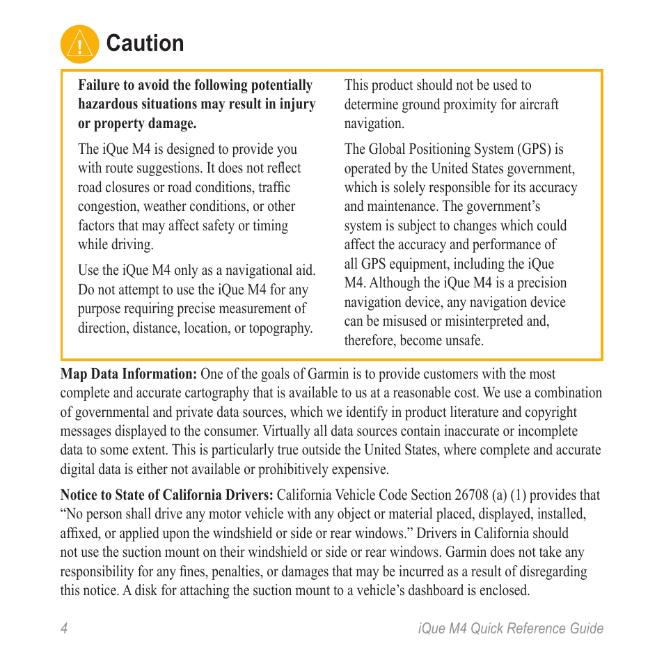 Caution | Garmin iQue M4 User Manual | Page 4 / 36