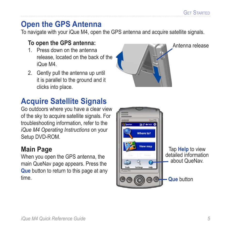 Get started, Open the gps antenna, Acquire satellite signals | Main page | Garmin iQue M4 User Manual | Page 5 / 36