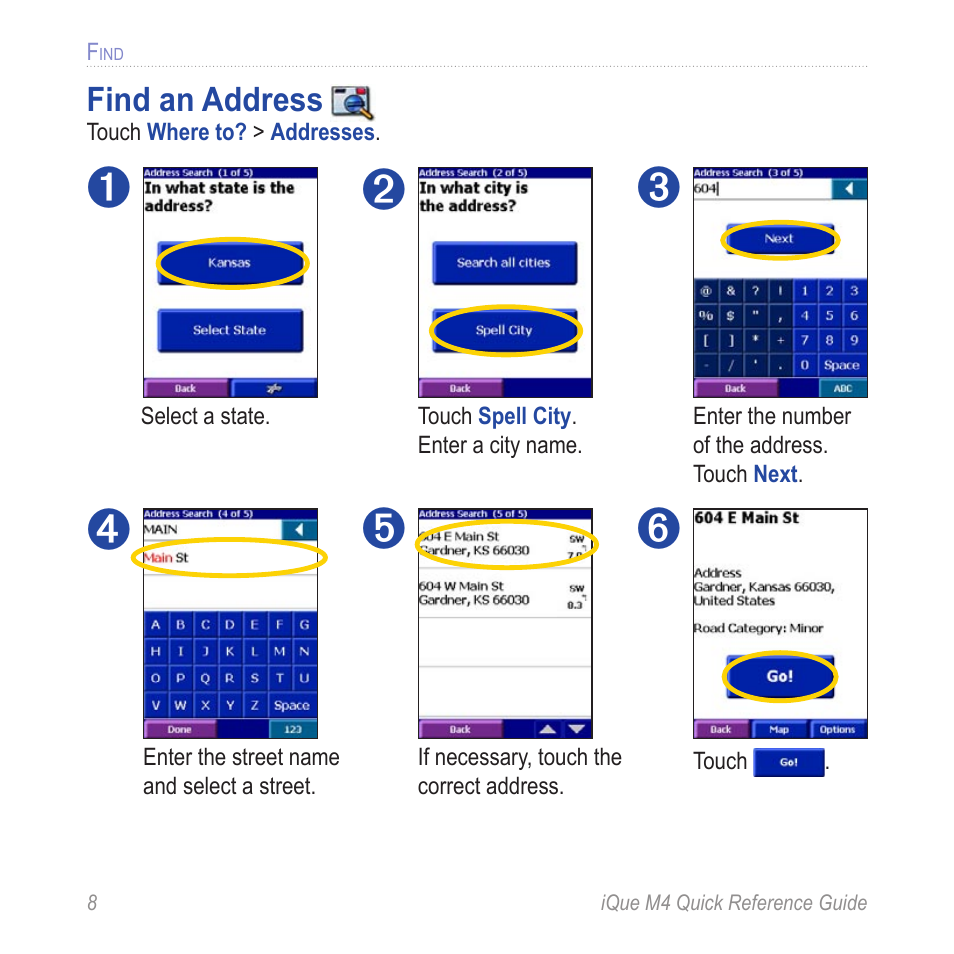 Find, Find an address | Garmin iQue M4 User Manual | Page 8 / 36