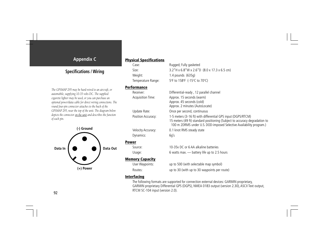 Appendix c specifications / wiring | Garmin GPSMAP 295 User Manual | Page 102 / 116