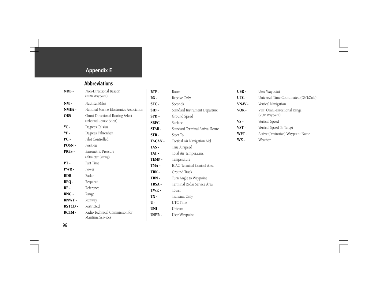 Abbreviations, Appendix e | Garmin GPSMAP 295 User Manual | Page 106 / 116
