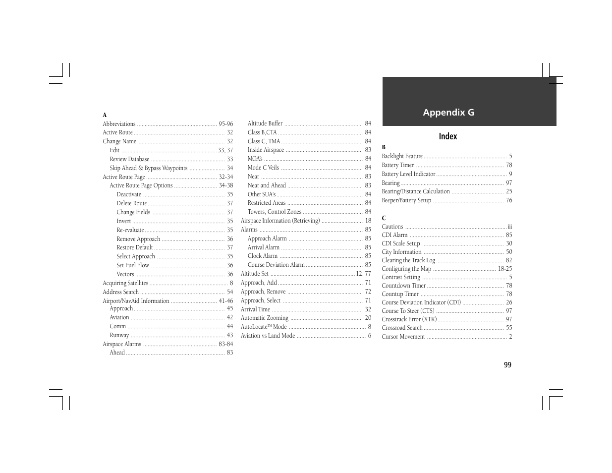 Appendix g, Index | Garmin GPSMAP 295 User Manual | Page 109 / 116