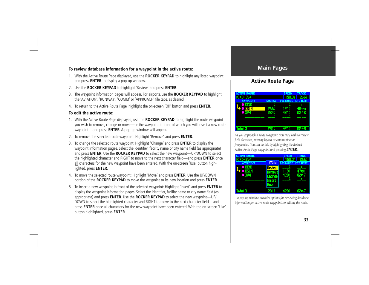 Main pages, Active route page | Garmin GPSMAP 295 User Manual | Page 43 / 116