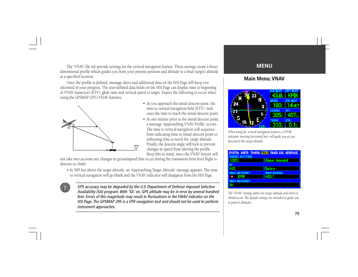 Menu, Main menu: vnav | Garmin GPSMAP 295 User Manual | Page 89 / 116