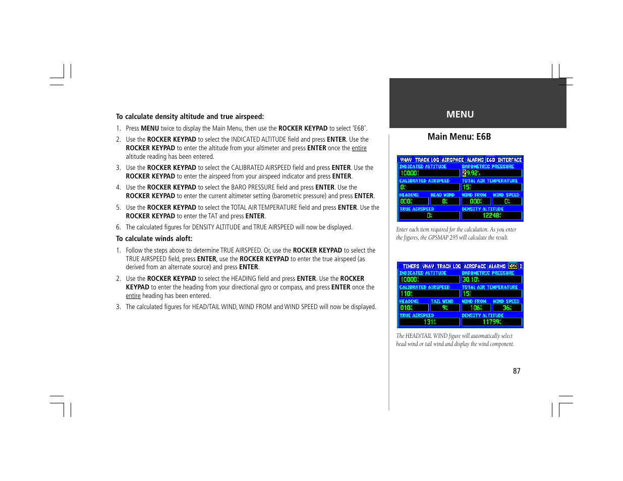 Menu, Main menu: e6b | Garmin GPSMAP 295 User Manual | Page 97 / 116