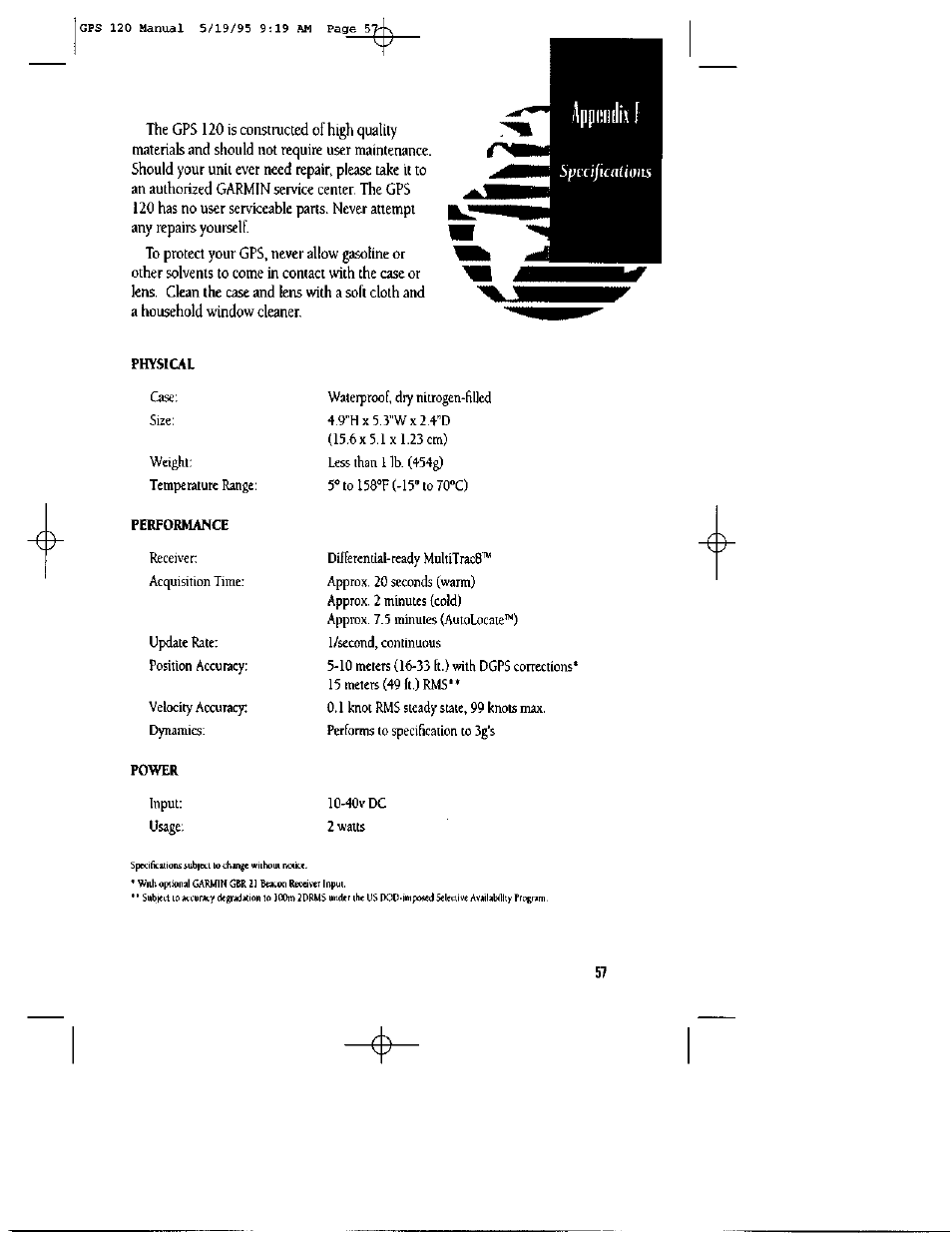 Physical, Performance, Power | Garmin GPS 120 User Manual | Page 65 / 71