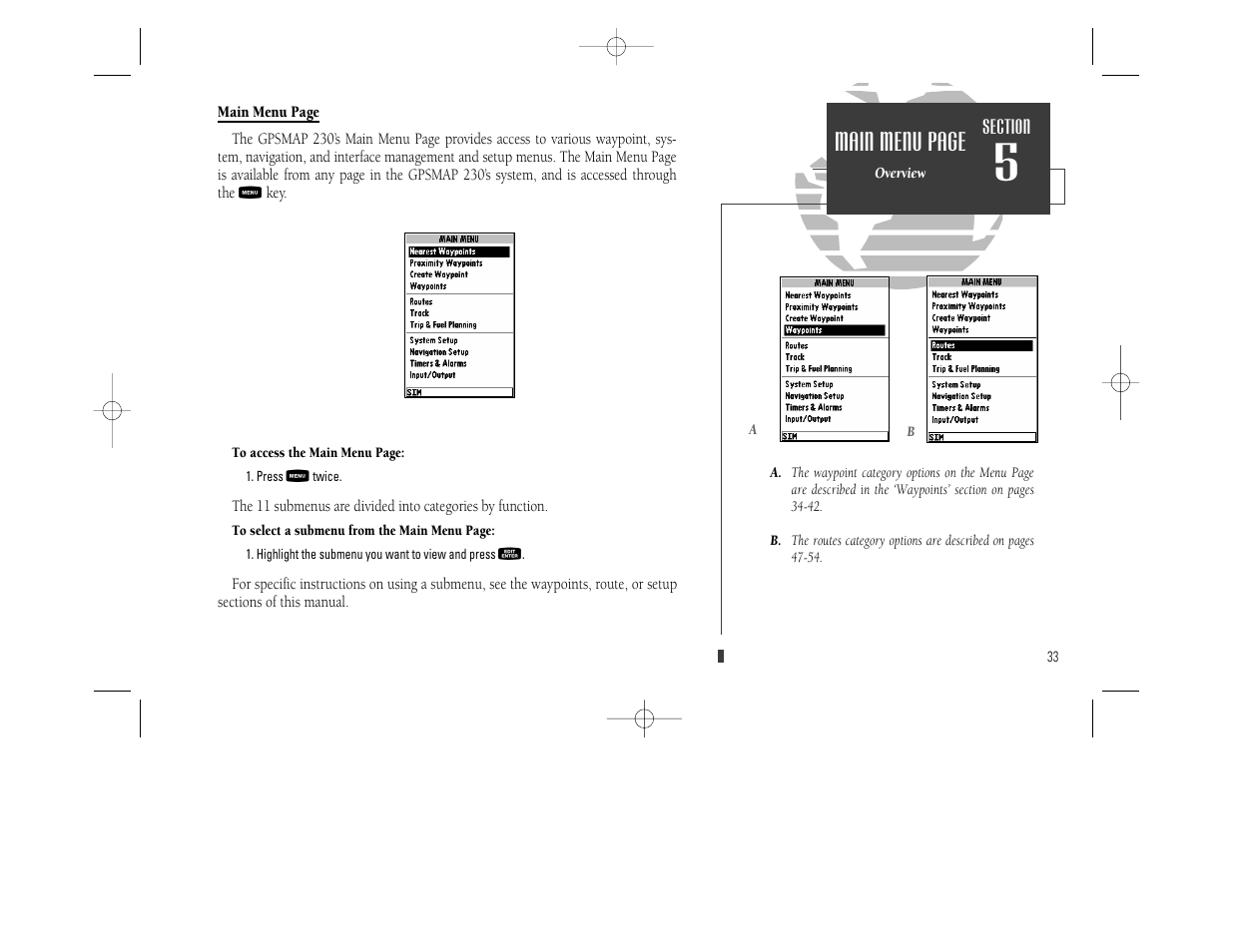 Main menu page | Garmin GPSMAP 230 User Manual | Page 45 / 96