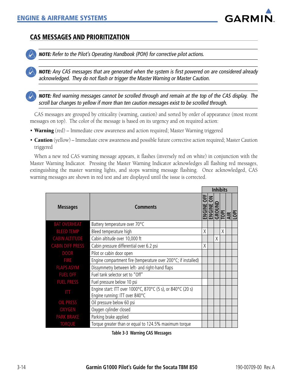 Cas messages and prioritization, Engine & airframe systems | Garmin G1000 Socata TBM 850 User Manual | Page 104 / 542