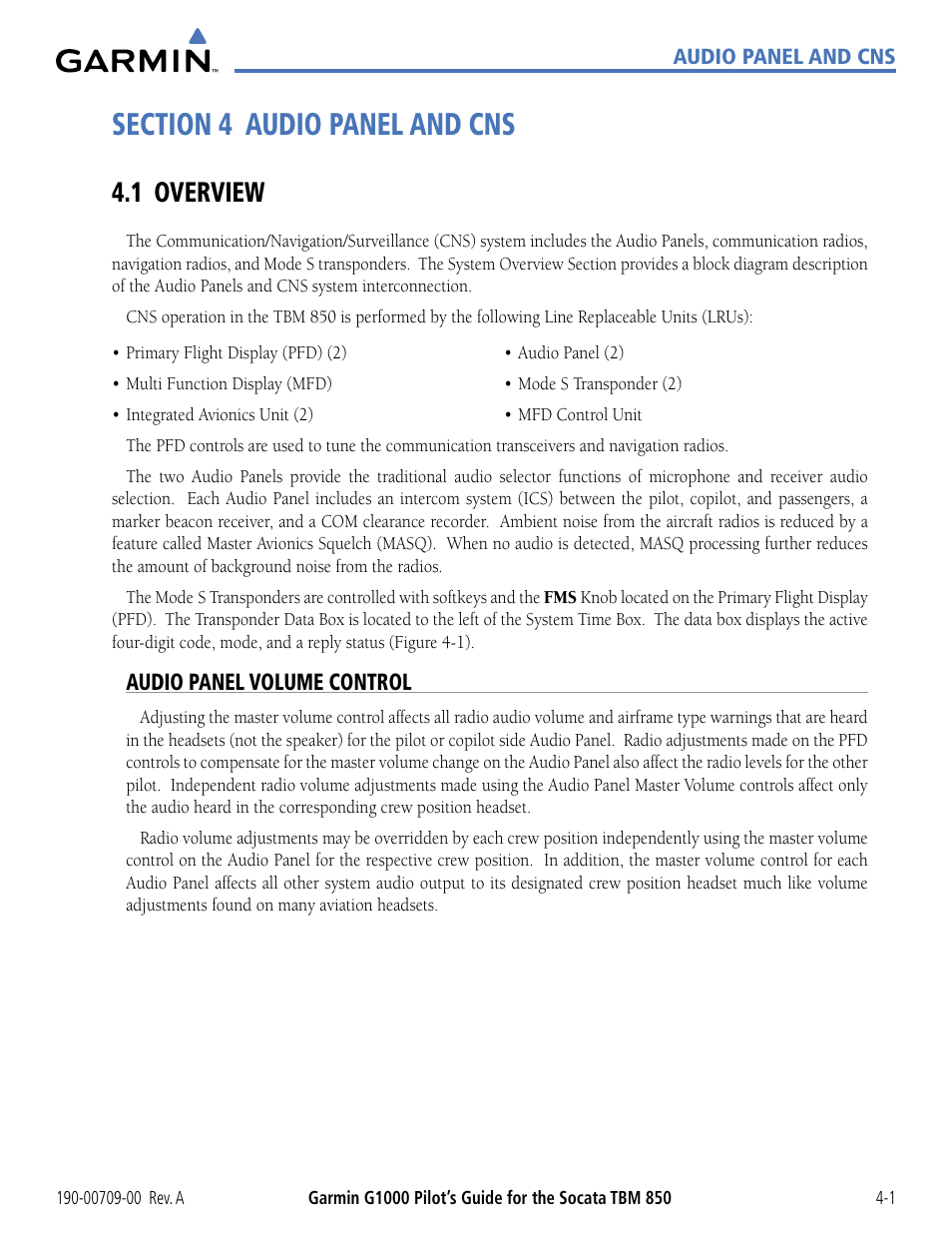 Section 4 audio panel and cns, 1 overview, Audio panel volume control | 1 overview -1 | Garmin G1000 Socata TBM 850 User Manual | Page 107 / 542