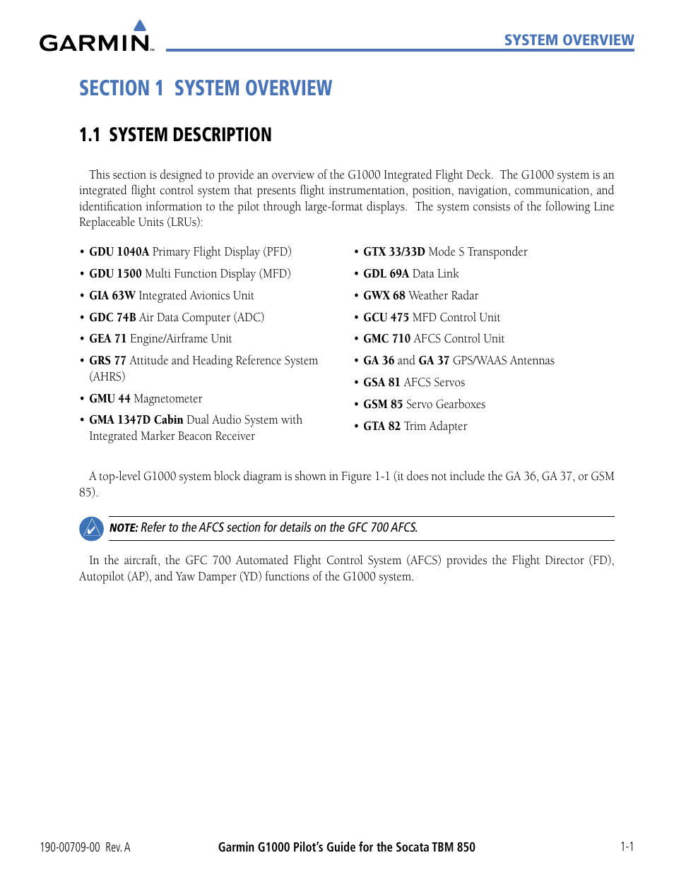 Section 1 system overview, 1 system description, 1 system description -1 | Garmin G1000 Socata TBM 850 User Manual | Page 11 / 542