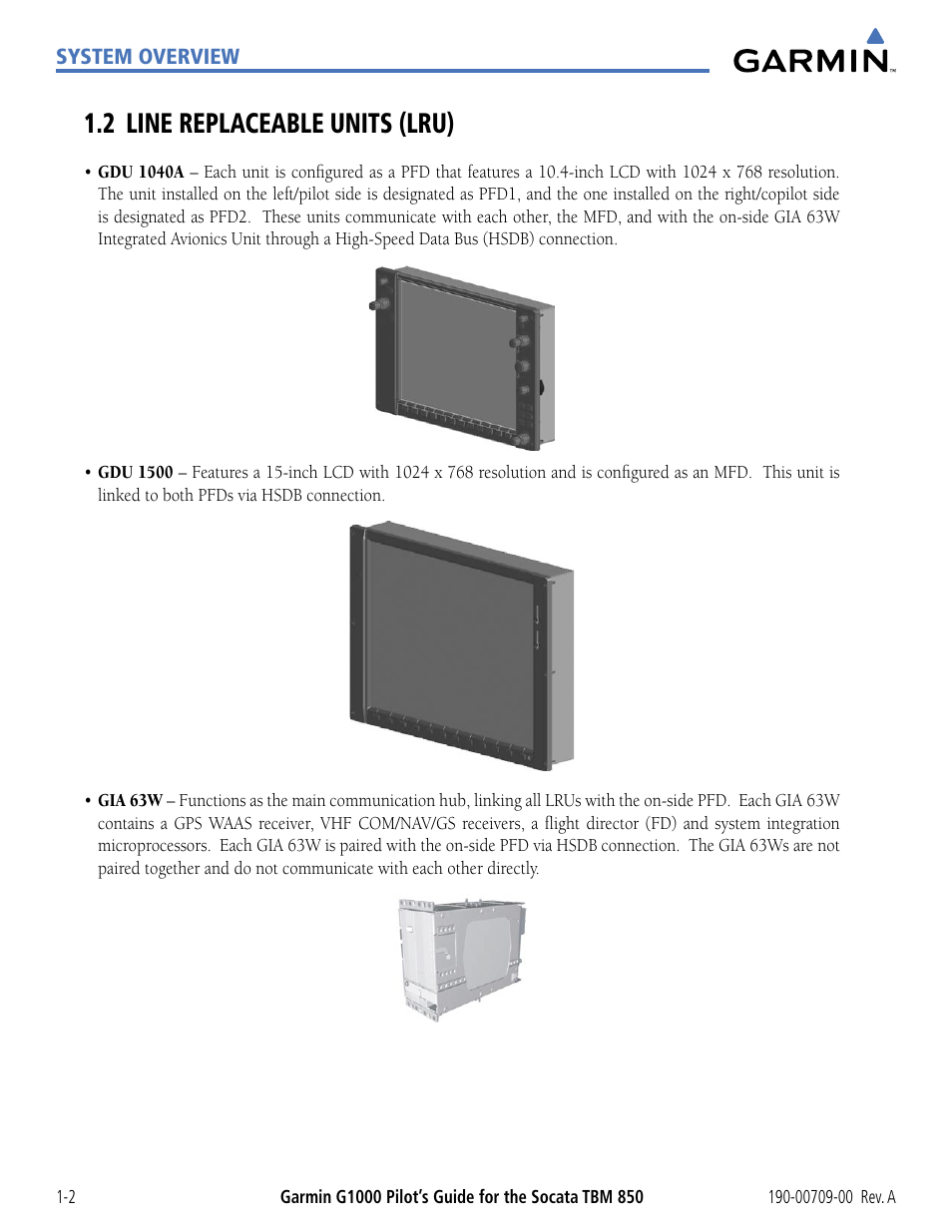 2 line replaceable units (lru), 2 line replaceable units (lru) -2 | Garmin G1000 Socata TBM 850 User Manual | Page 12 / 542