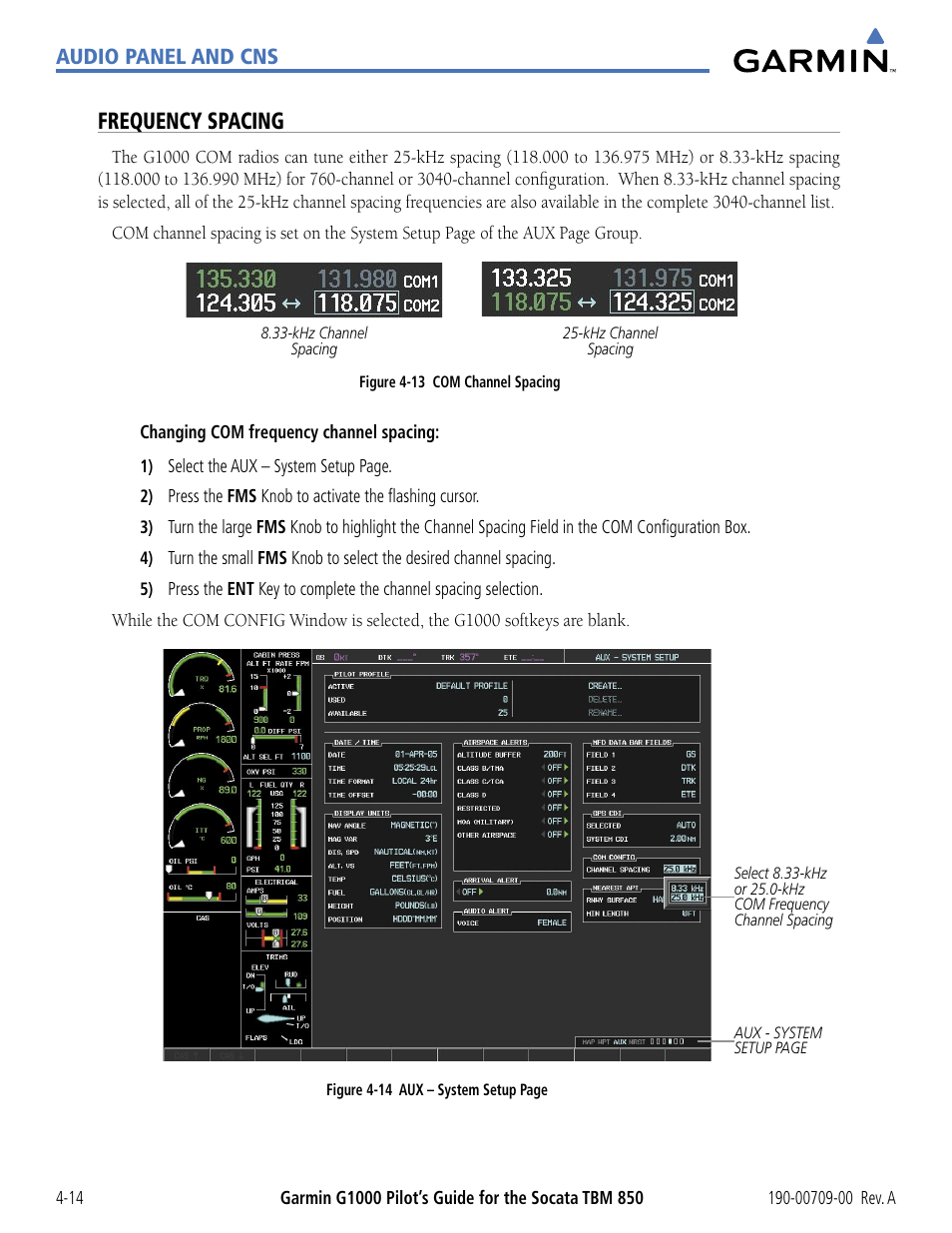 Frequency spacing, Audio panel and cns | Garmin G1000 Socata TBM 850 User Manual | Page 120 / 542