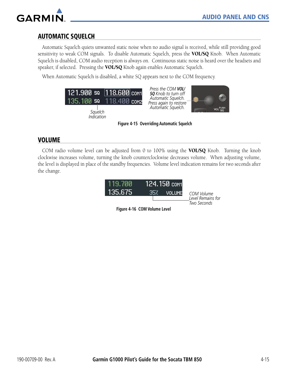 Automatic squelch, Volume, Audio panel and cns | Garmin G1000 Socata TBM 850 User Manual | Page 121 / 542