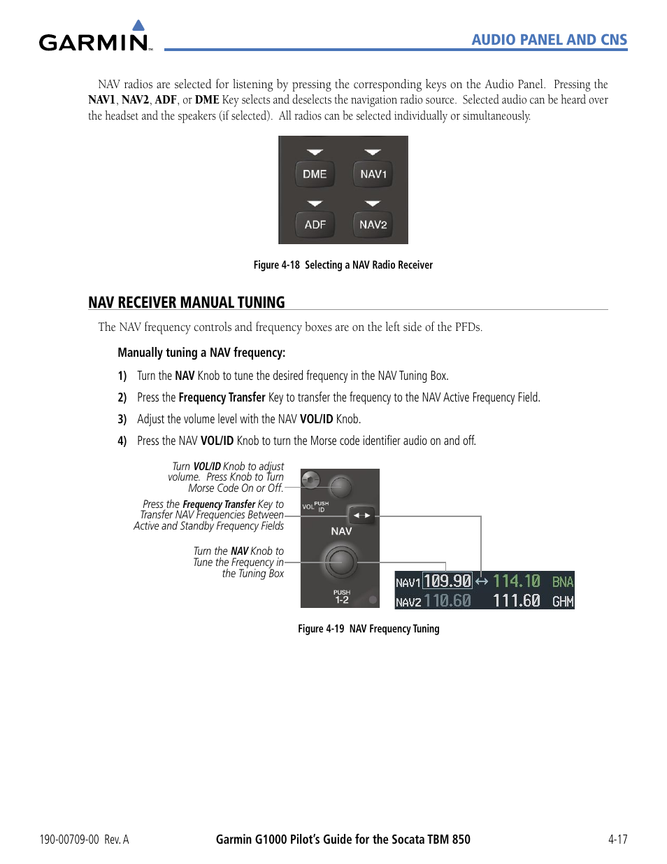 Nav receiver manual tuning, Audio panel and cns | Garmin G1000 Socata TBM 850 User Manual | Page 123 / 542
