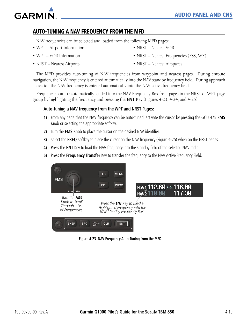 Auto-tuning a nav frequency from the mfd, Audio panel and cns | Garmin G1000 Socata TBM 850 User Manual | Page 125 / 542