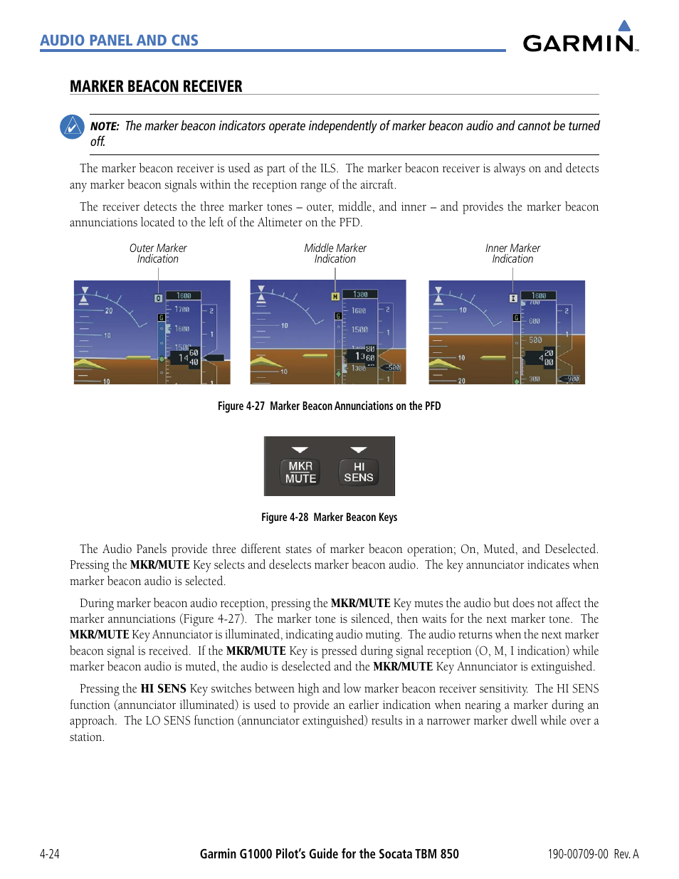 Marker beacon receiver | Garmin G1000 Socata TBM 850 User Manual | Page 130 / 542