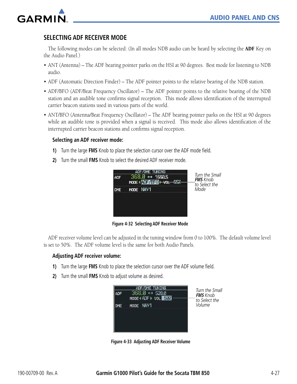 Audio panel and cns selecting adf receiver mode | Garmin G1000 Socata TBM 850 User Manual | Page 133 / 542