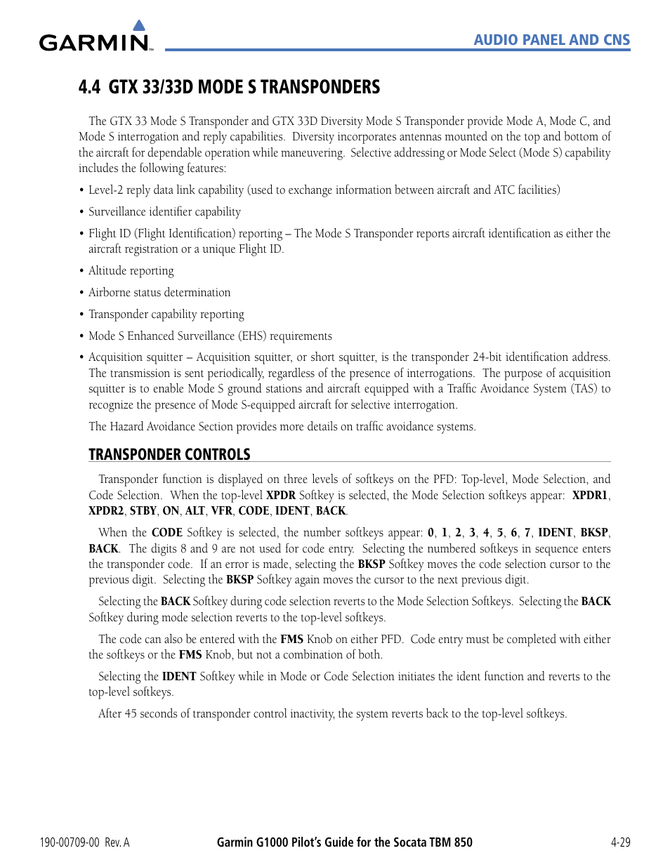 4 gtx 33/33d mode s transponders, Transponder controls, 4 gtx 33/33d mode s transponders -29 | Garmin G1000 Socata TBM 850 User Manual | Page 135 / 542