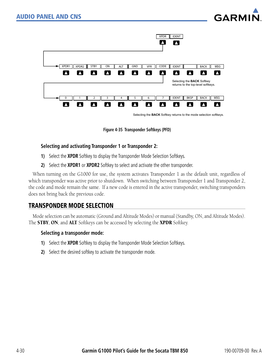 Transponder mode selection, Audio panel and cns | Garmin G1000 Socata TBM 850 User Manual | Page 136 / 542