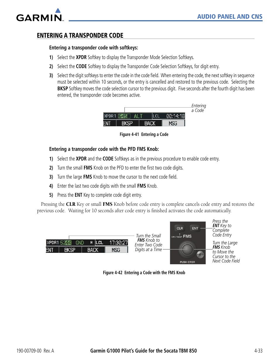 Entering a transponder code, Audio panel and cns | Garmin G1000 Socata TBM 850 User Manual | Page 139 / 542