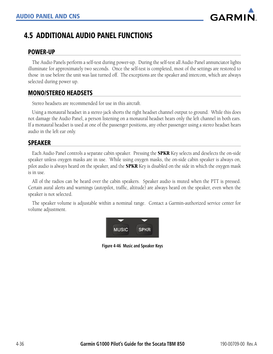 5 additional audio panel functions, Power-up, Mono/stereo headsets | Speaker, 5 additional audio panel functions -36 | Garmin G1000 Socata TBM 850 User Manual | Page 142 / 542