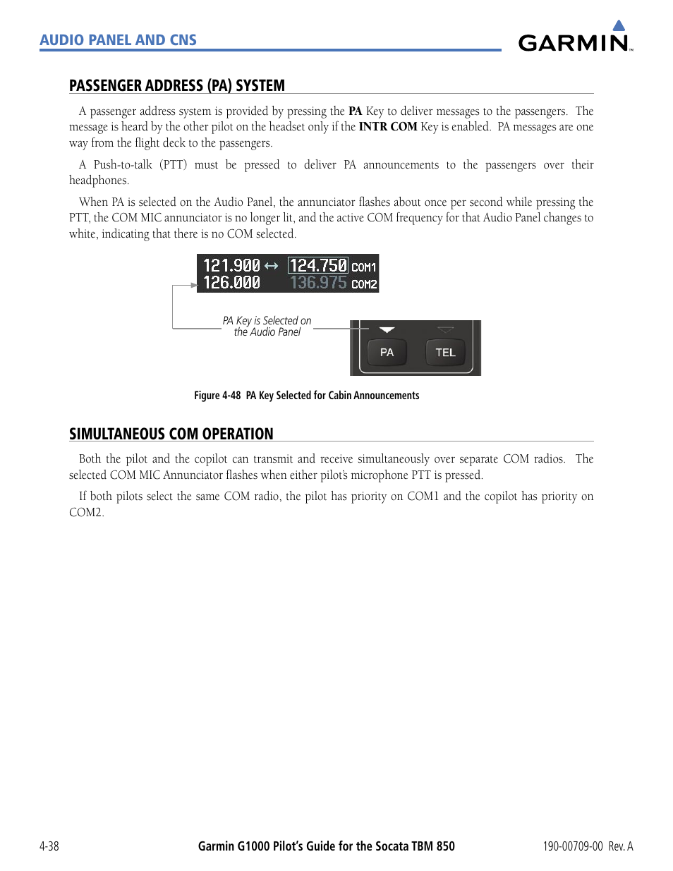 Passenger address (pa) system, Simultaneous com operation | Garmin G1000 Socata TBM 850 User Manual | Page 144 / 542