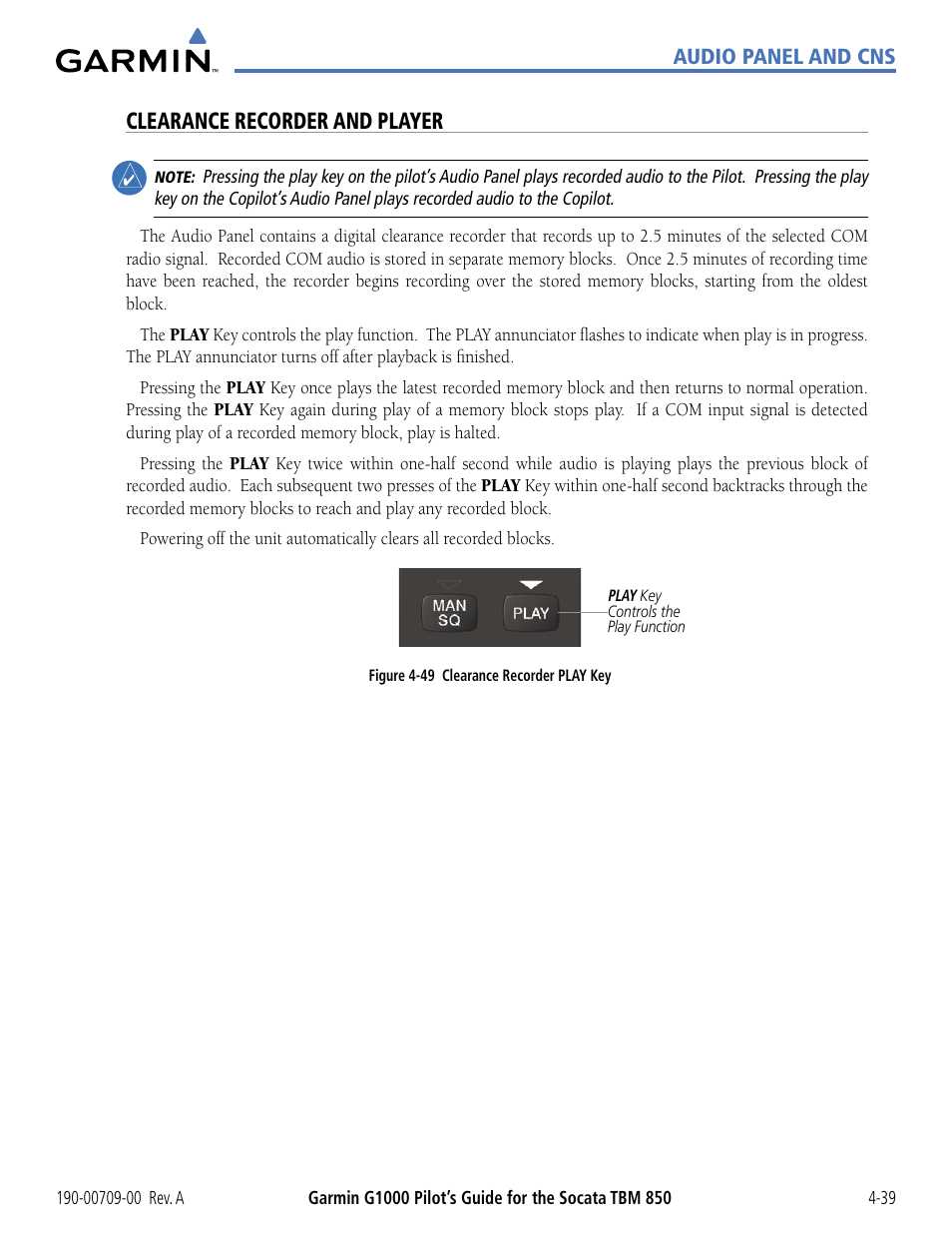 Clearance recorder and player | Garmin G1000 Socata TBM 850 User Manual | Page 145 / 542