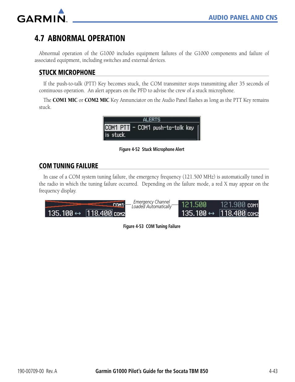 7 abnormal operation, Stuck microphone, Com tuning failure | 7 abnormal operation -43 | Garmin G1000 Socata TBM 850 User Manual | Page 149 / 542