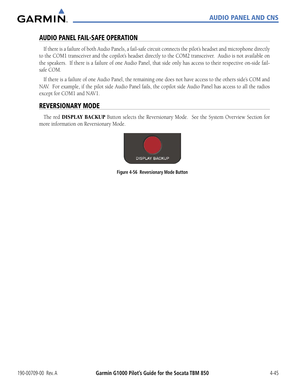 Audio panel fail-safe operation, Reversionary mode | Garmin G1000 Socata TBM 850 User Manual | Page 151 / 542