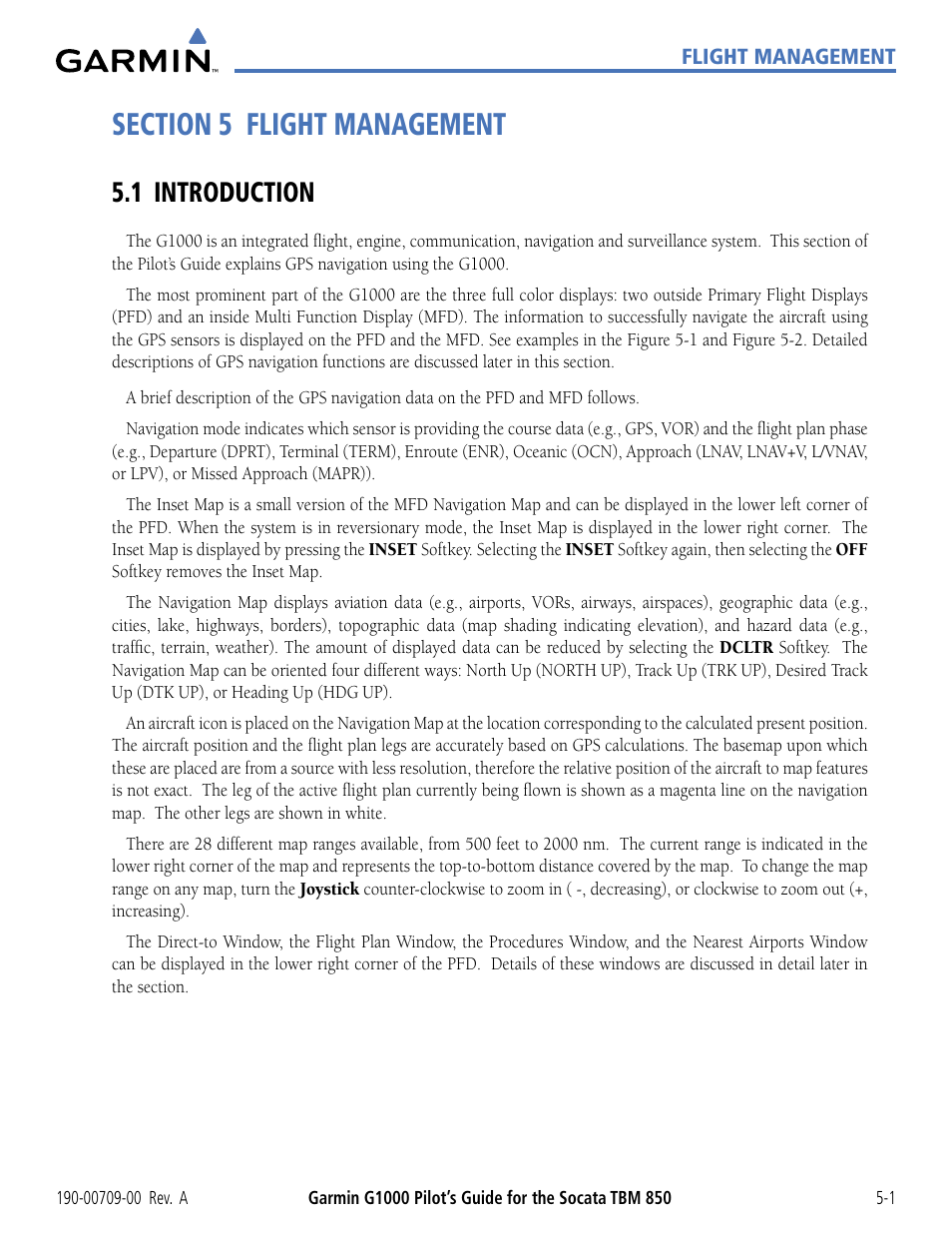 Section 5 flight management, 1 introduction, 1 introduction -1 | Garmin G1000 Socata TBM 850 User Manual | Page 153 / 542